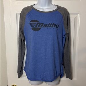 Malibu Boats long sleeve t-shirt, blue and gray, size small